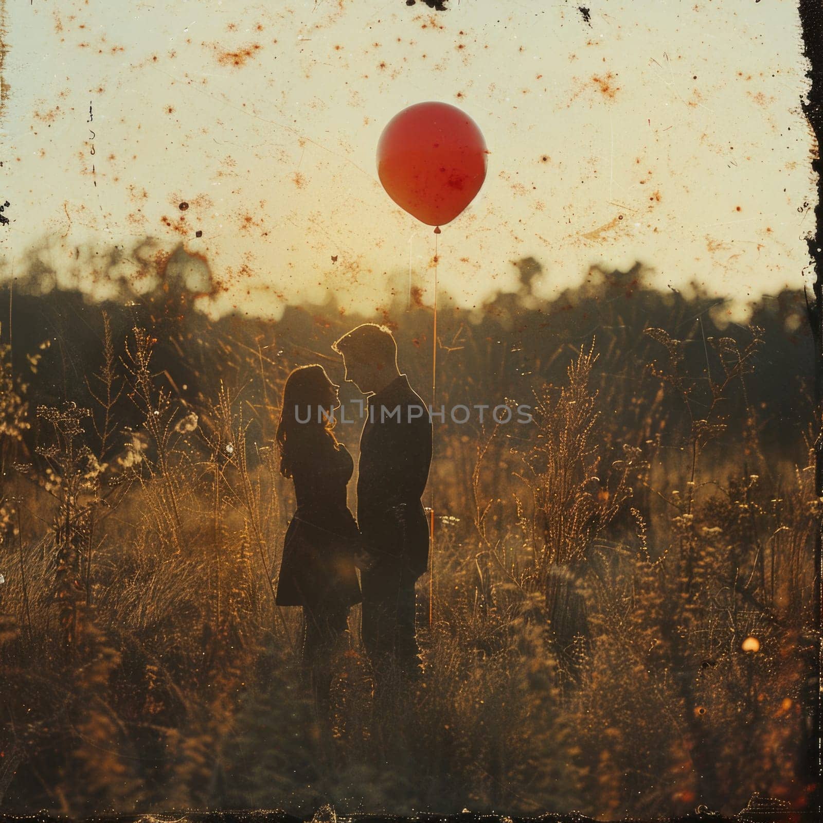 A couple standing closely together in a field, holding a red balloon.