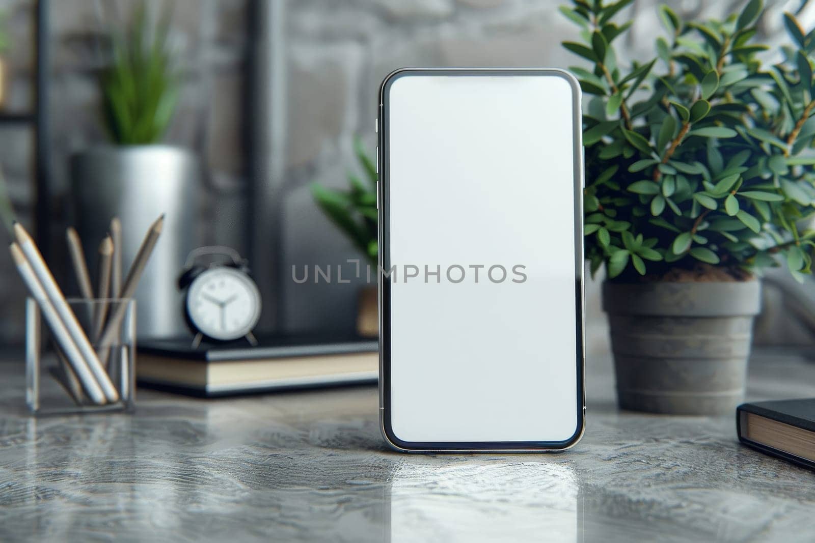 Mockup Cell Phone is sitting on a desk next to a potted plant and a clock. The scene is simple and minimalistic, with the focus on the phone. The potted plant adds a touch of greenery to the space