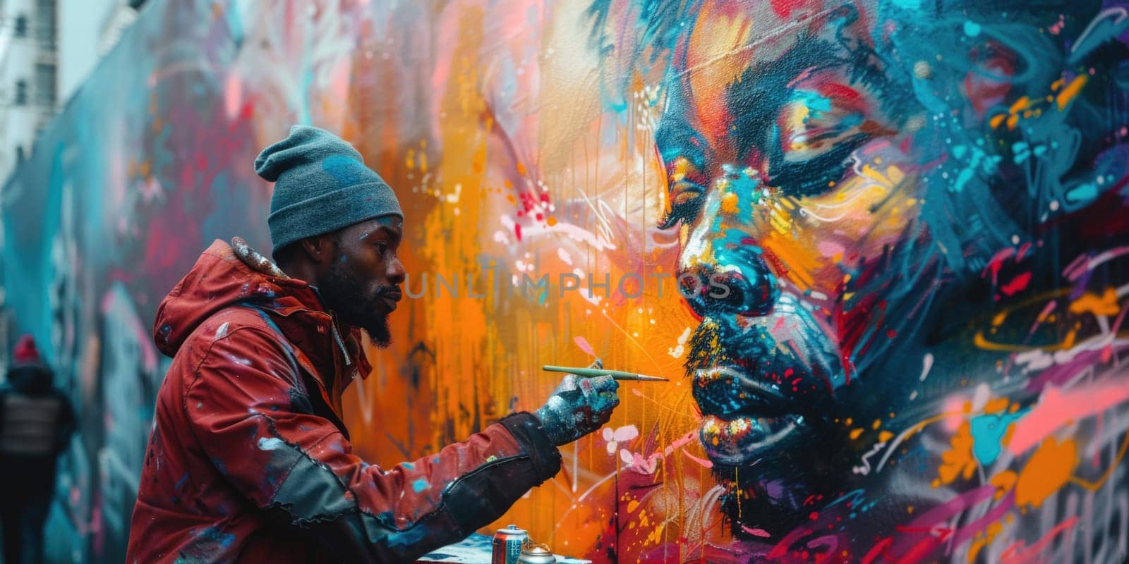 Man Painting Colorful Mural on Wall by but_photo