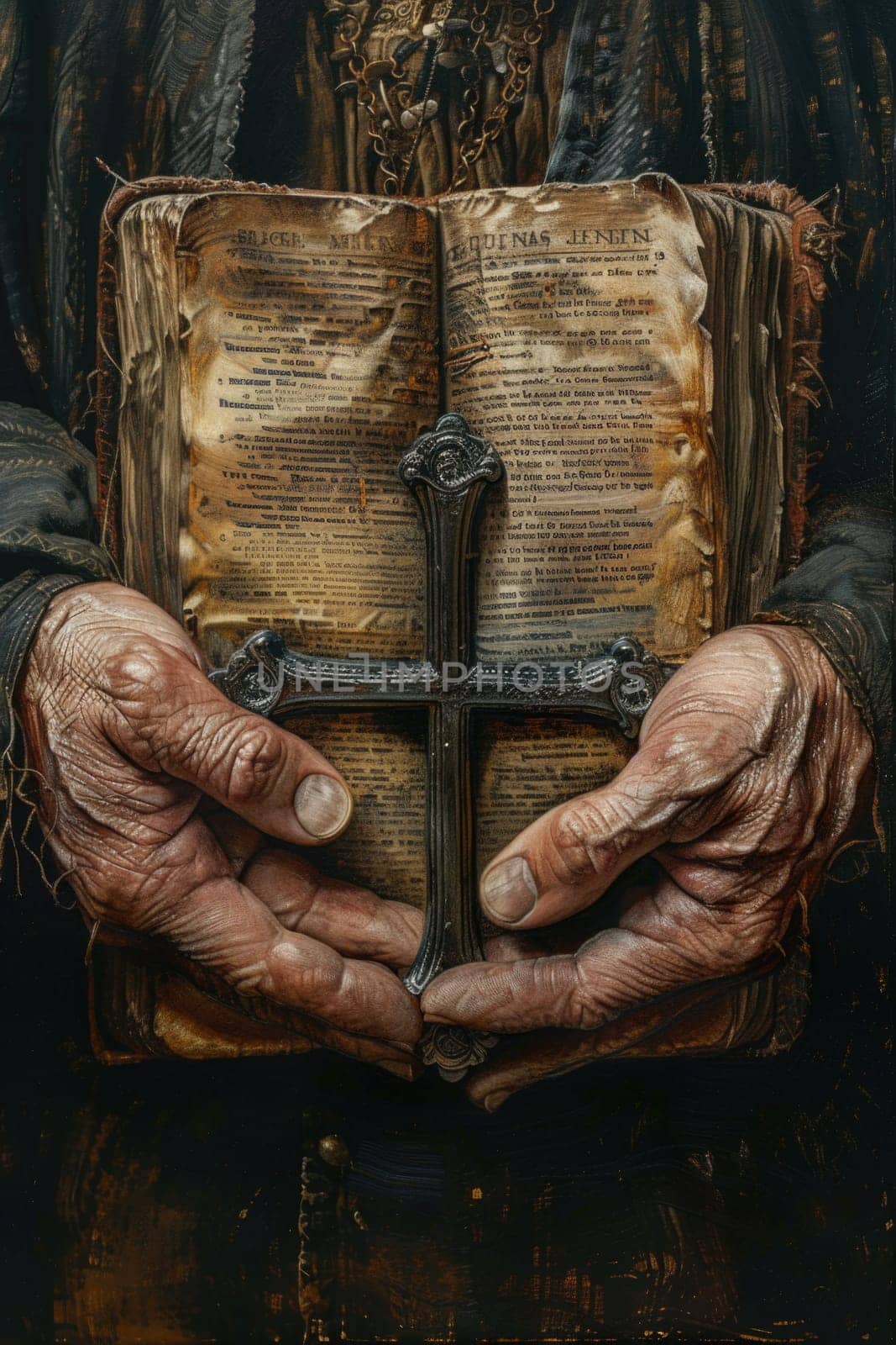 A painting depicting hands cradling a book with a cross on it in prayer.