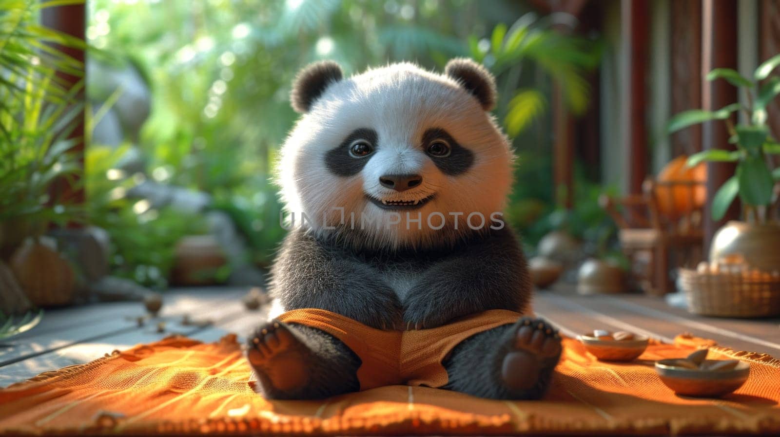 A panda teddy bear is sitting on the floor at home.