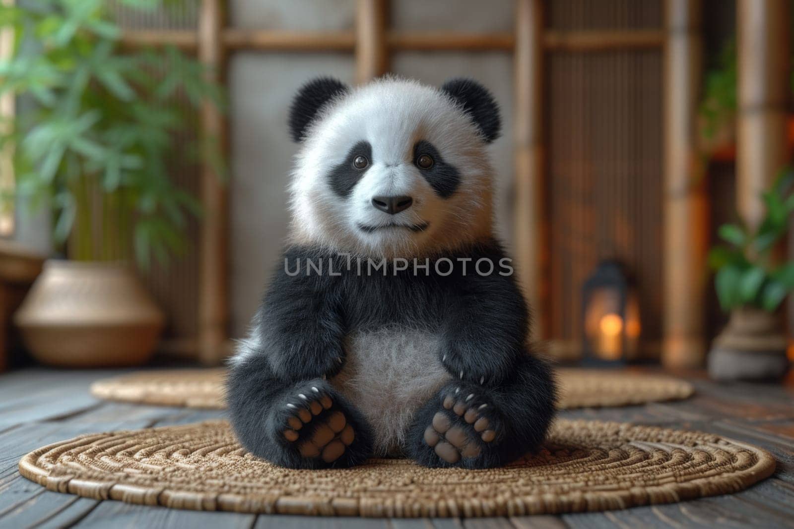 A panda teddy bear is sitting on the floor at home.