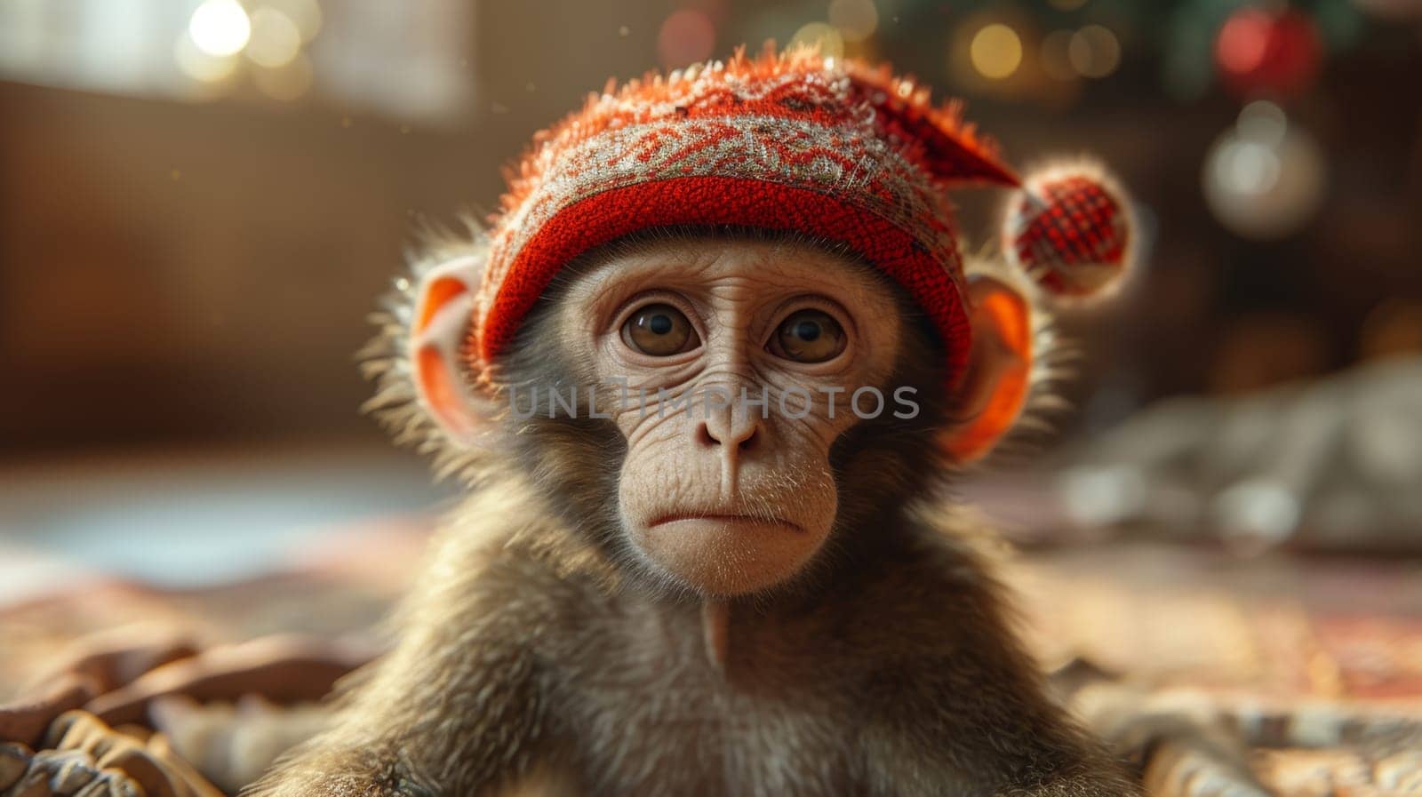 Funny monkey in a warm hat sitting in a home interior by Lobachad