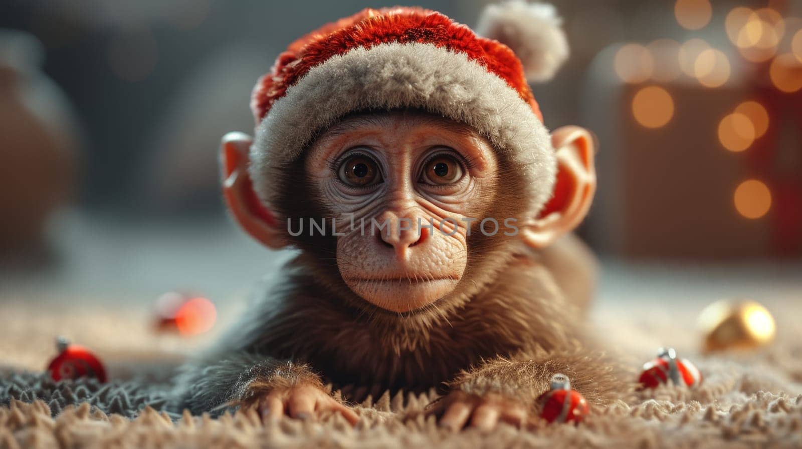 Funny monkey in a warm hat sitting in a home interior by Lobachad