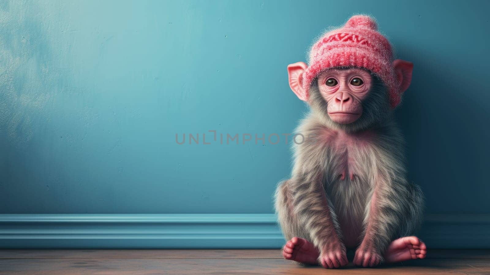 A pink monkey in a warm hat sitting in a blue interior.