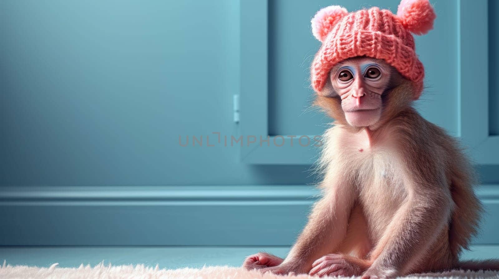 A pink monkey in a warm hat sitting in a blue interior.