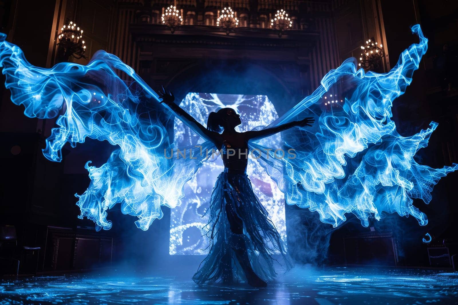 A woman in a blue costume with wings is dancing in front of a large screen. The blue wings and the blue dress create a sense of fantasy and magic. The woman's movements are graceful and fluid