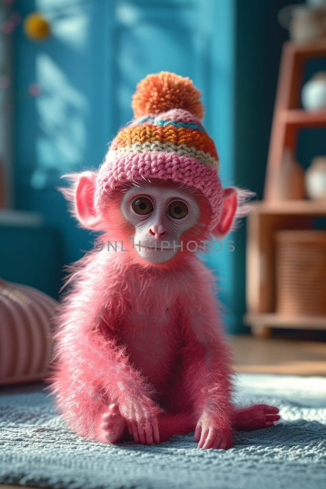 A pink monkey in a warm hat sitting in a blue interior.