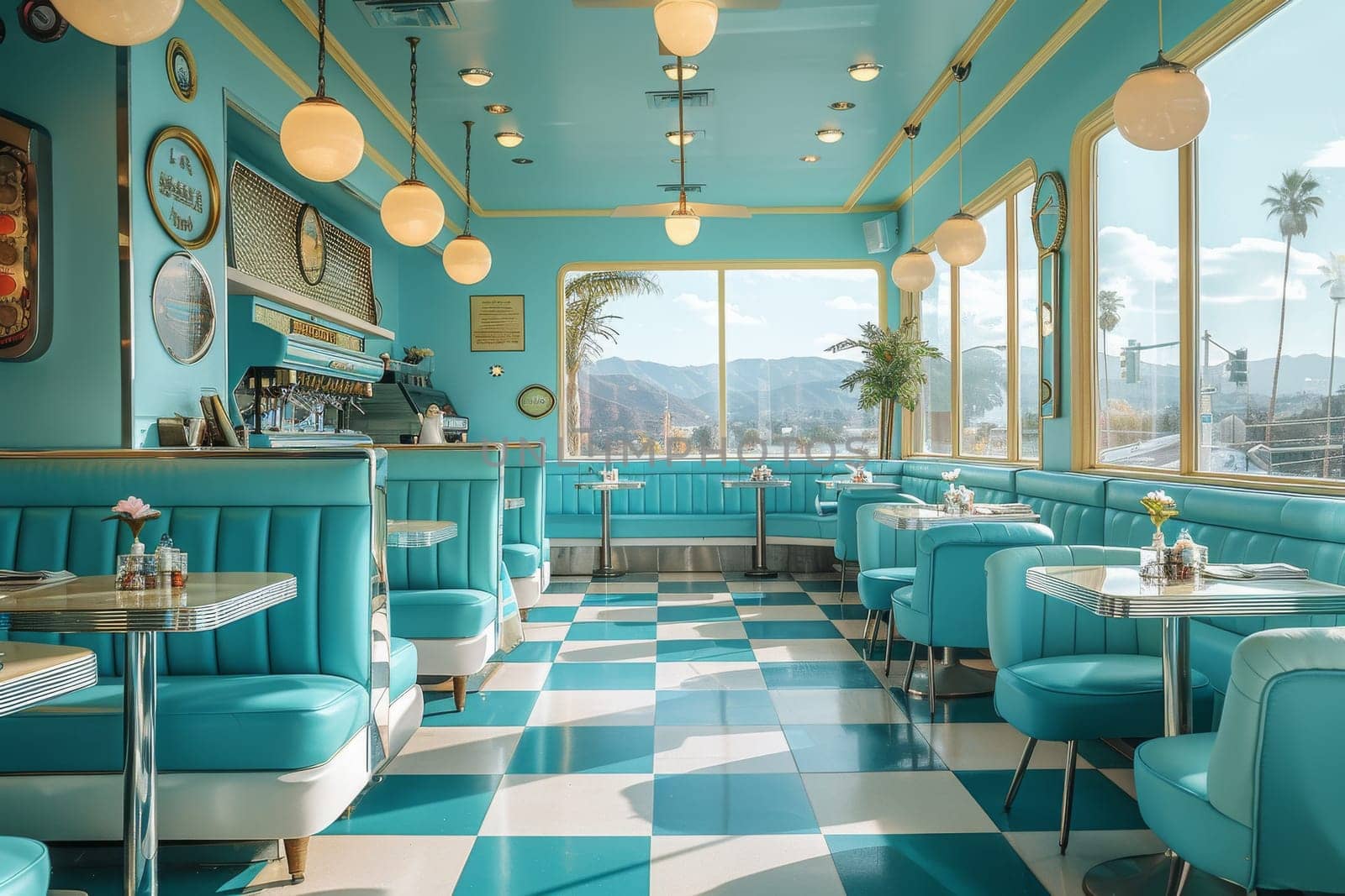 A blue and white restaurant with a blue booth and a blue table. The booth is decorated with a potted plant and a surfboard sign