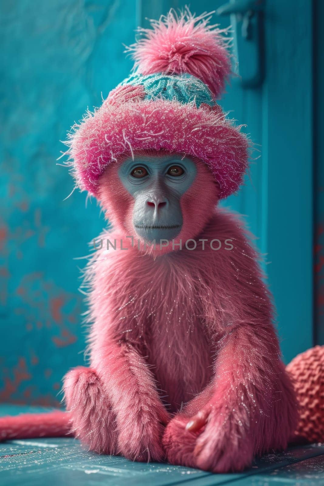 A pink monkey in a warm hat sitting in a blue interior.