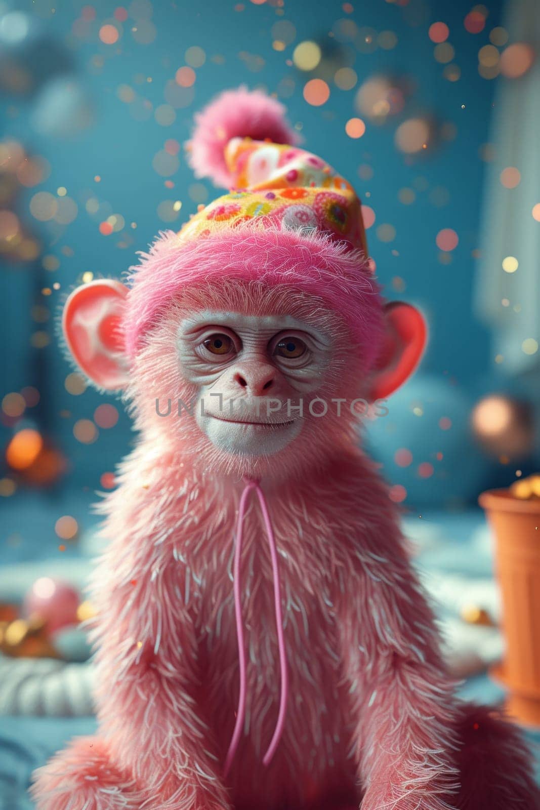 A pink monkey in a warm hat sitting in a blue interior.