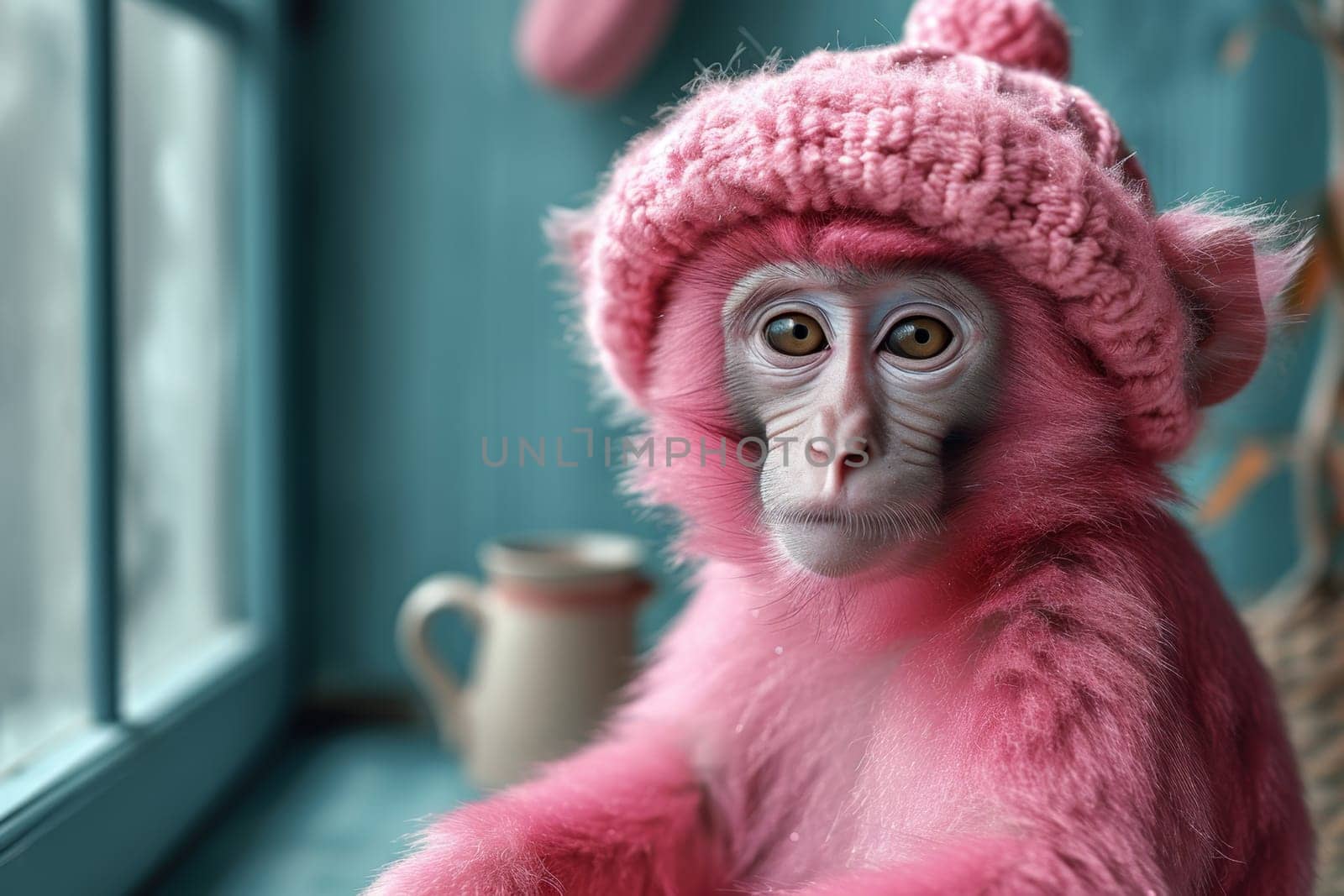 A pink monkey in a warm hat sitting in a blue interior.