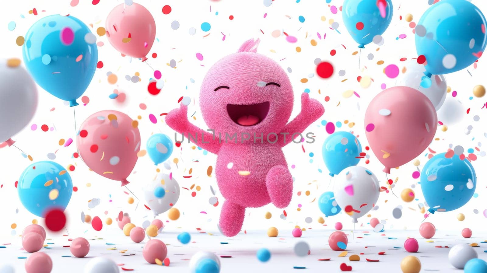 A cheerful cartoon pink character is having fun on the background of festive balloons. The concept of the holiday. 3d illustration.