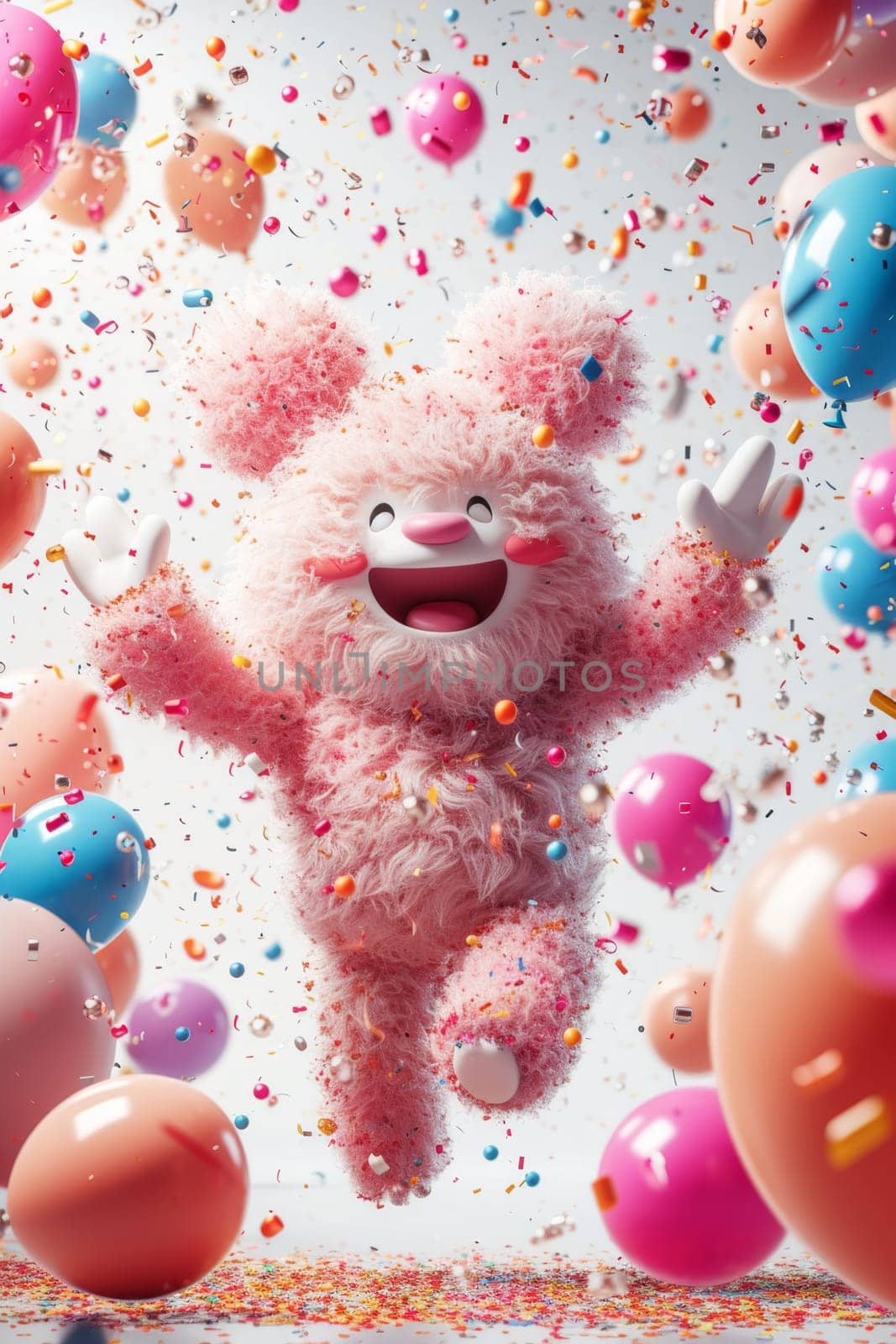 A funny cartoon fluffy character is having fun on the background of festive balloons. The concept of the holiday. 3d illustration.
