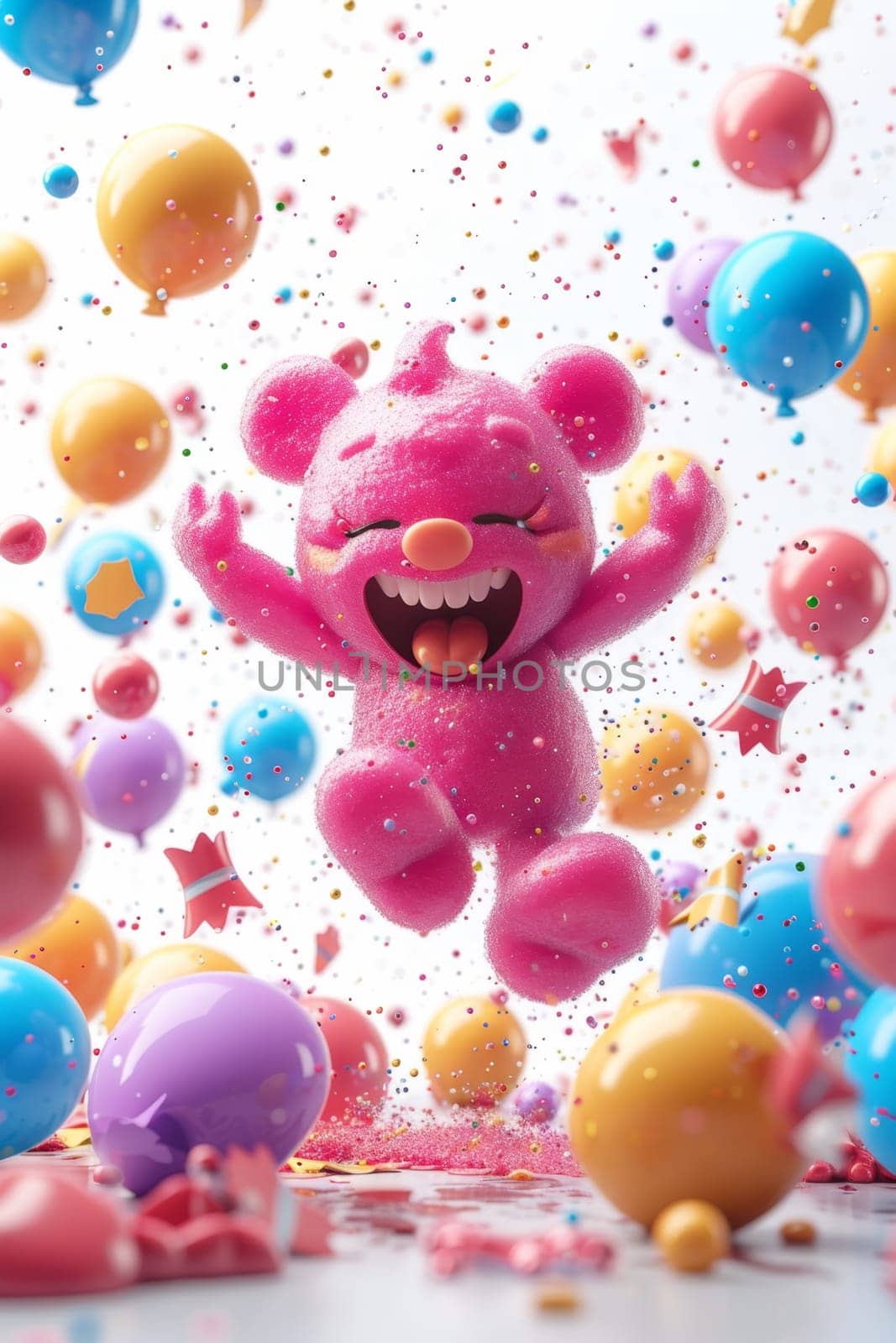 A cheerful cartoon pink character is having fun on the background of festive balloons. The concept of the holiday. 3d illustration.