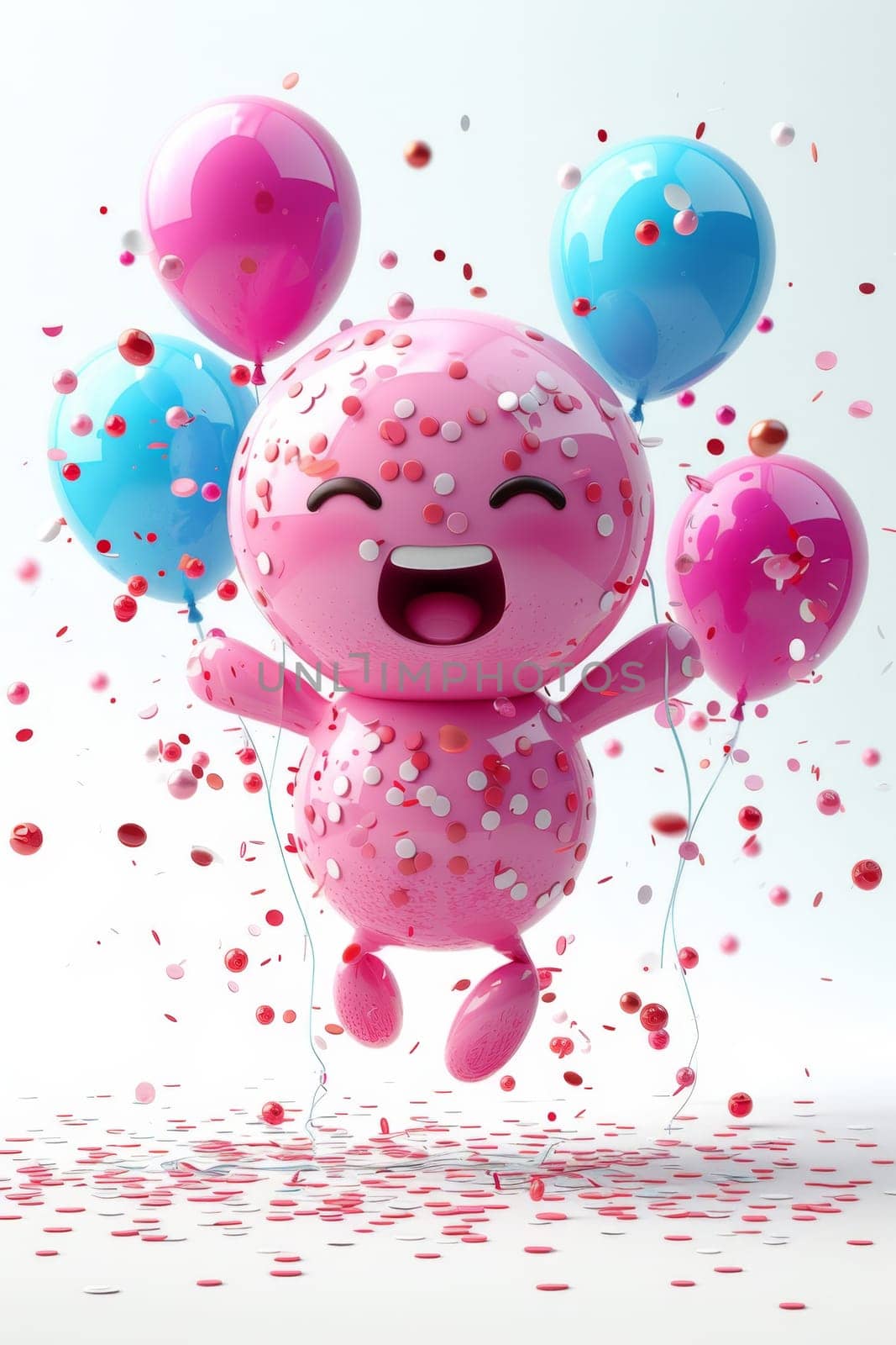 A cheerful cartoon pink character is having fun on the background of festive balloons. The concept of the holiday. 3d illustration by Lobachad