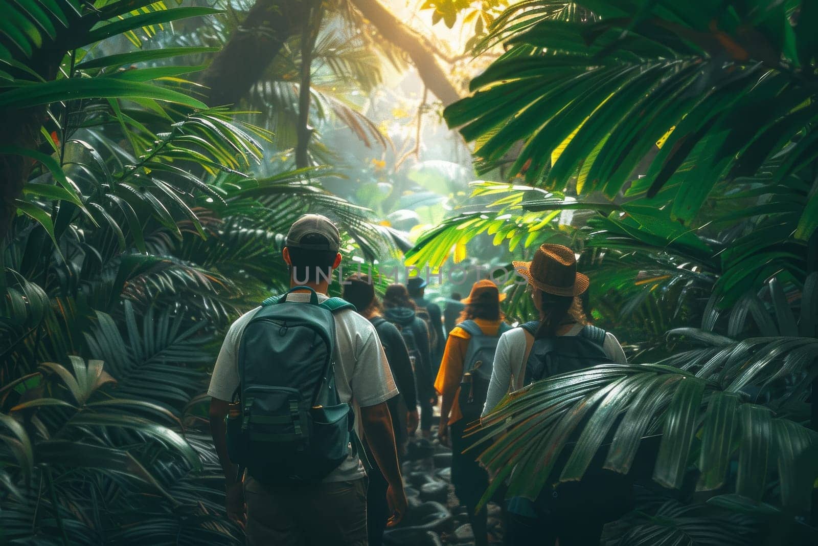 A group of people are hiking through a forest, with some of them wearing backpacks. Scene is adventurous and exciting, as the group is exploring the wilderness together