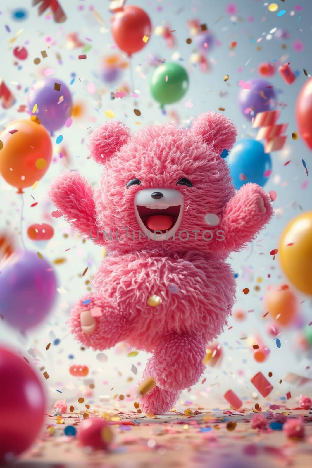 A funny cartoon fluffy character is having fun on the background of festive balloons. The concept of the holiday. 3d illustration by Lobachad