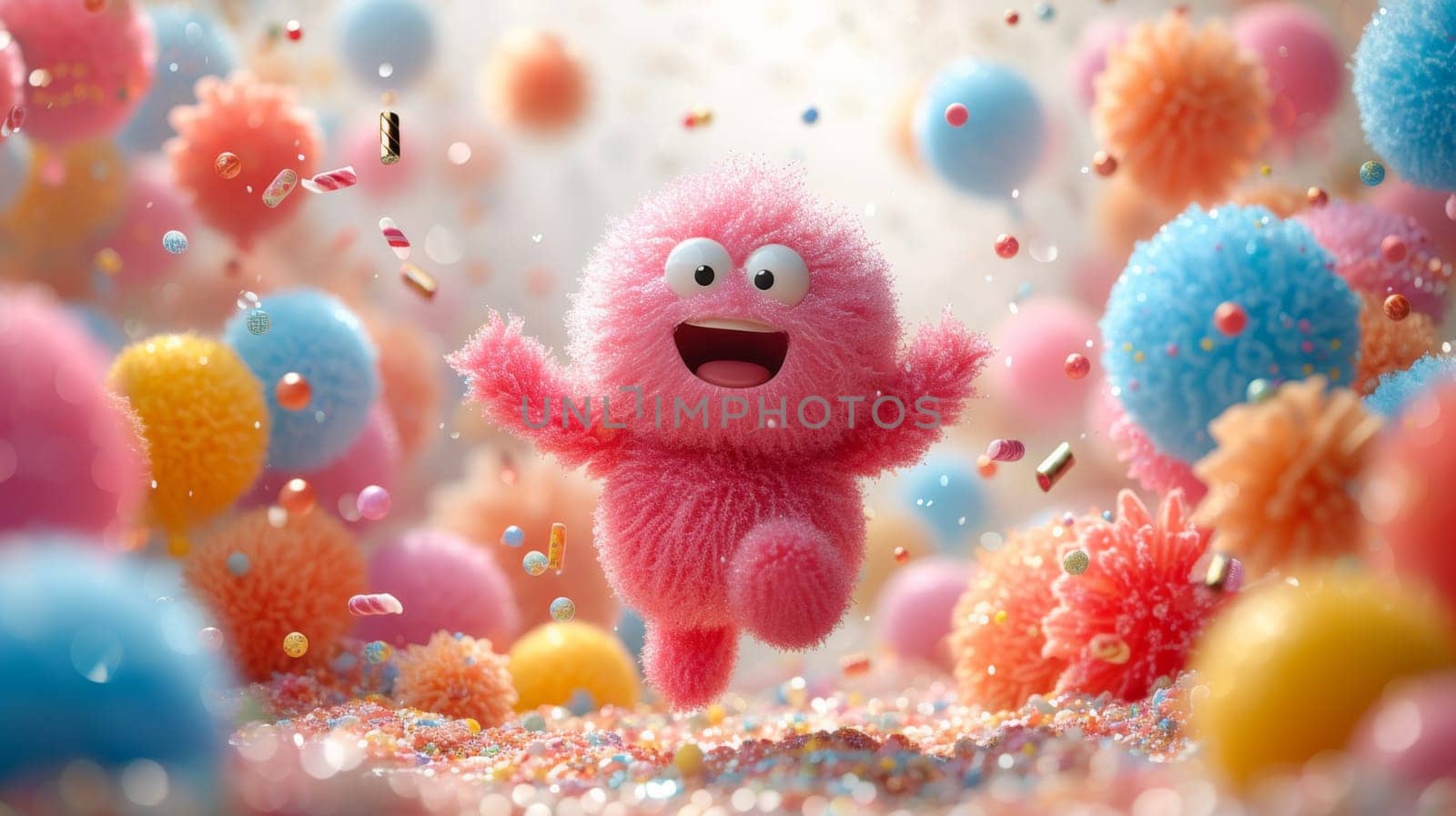 A funny cartoon fluffy character is having fun on the background of festive balloons. The concept of the holiday. 3d illustration.