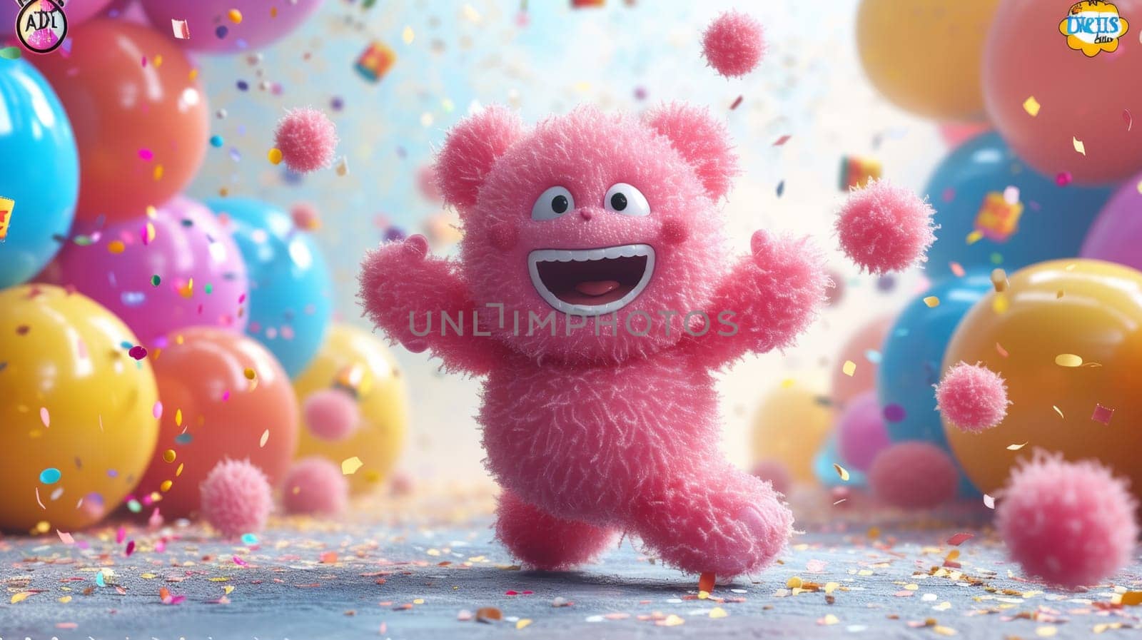 A funny cartoon fluffy character is having fun on the background of festive balloons. The concept of the holiday. 3d illustration.