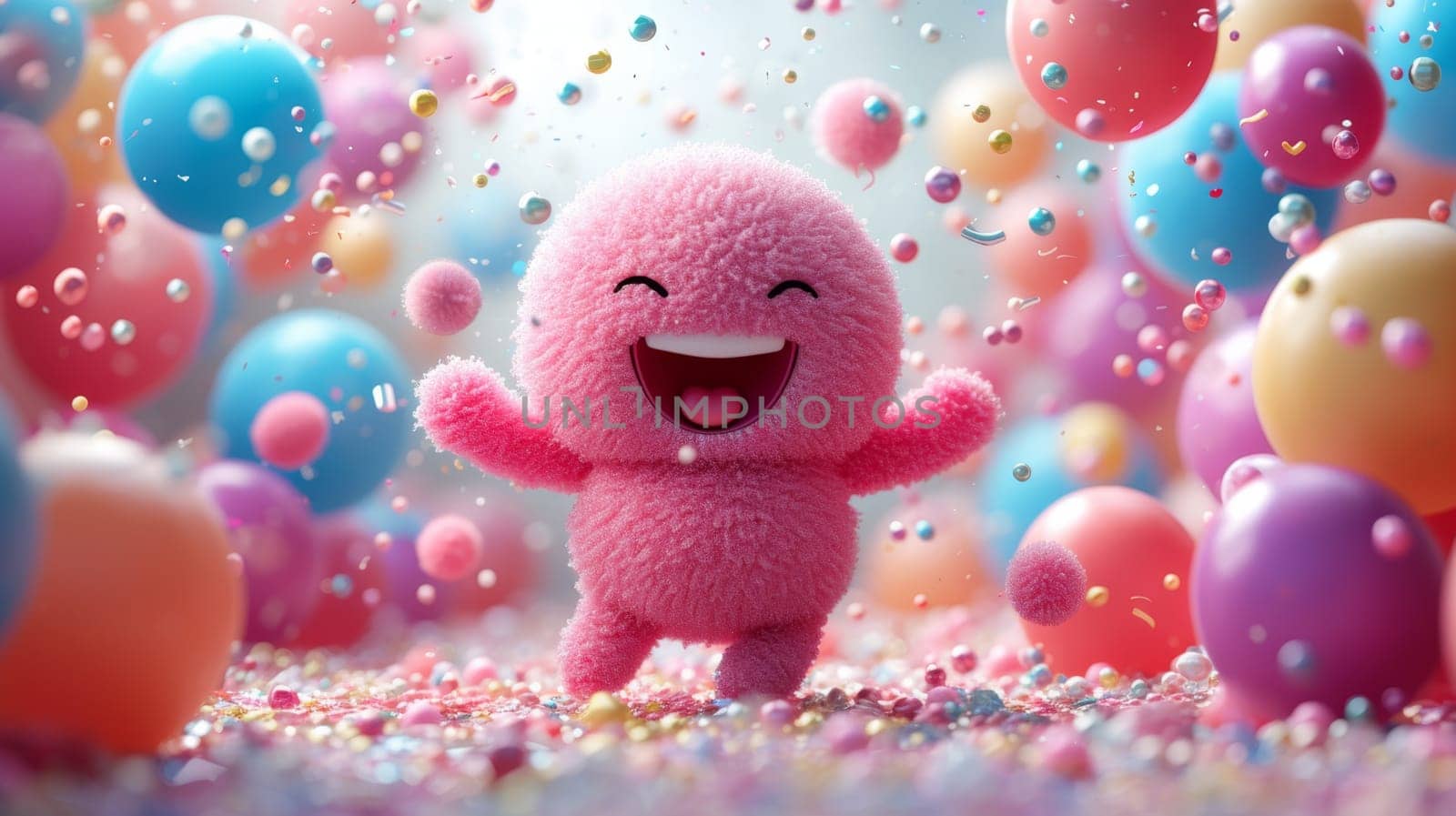 A cheerful cartoon pink character rubs against the background of festive balloons. The concept of the holiday. 3d illustration.