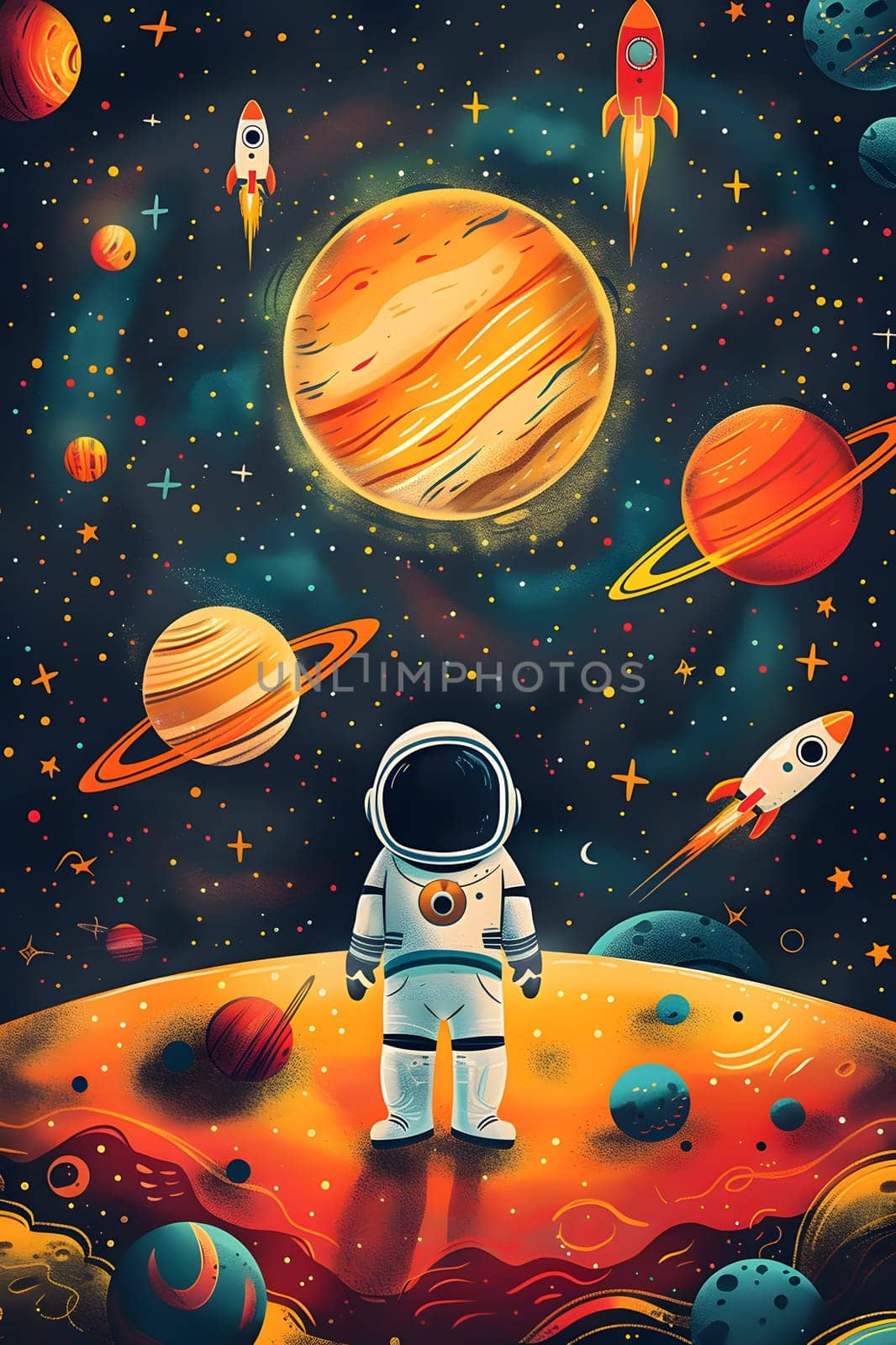 An astronaut is standing on an orange planet, surrounded by rockets and other astronomical objects in space. The world is filled with lighting and creative arts, resembling a painting of the universe