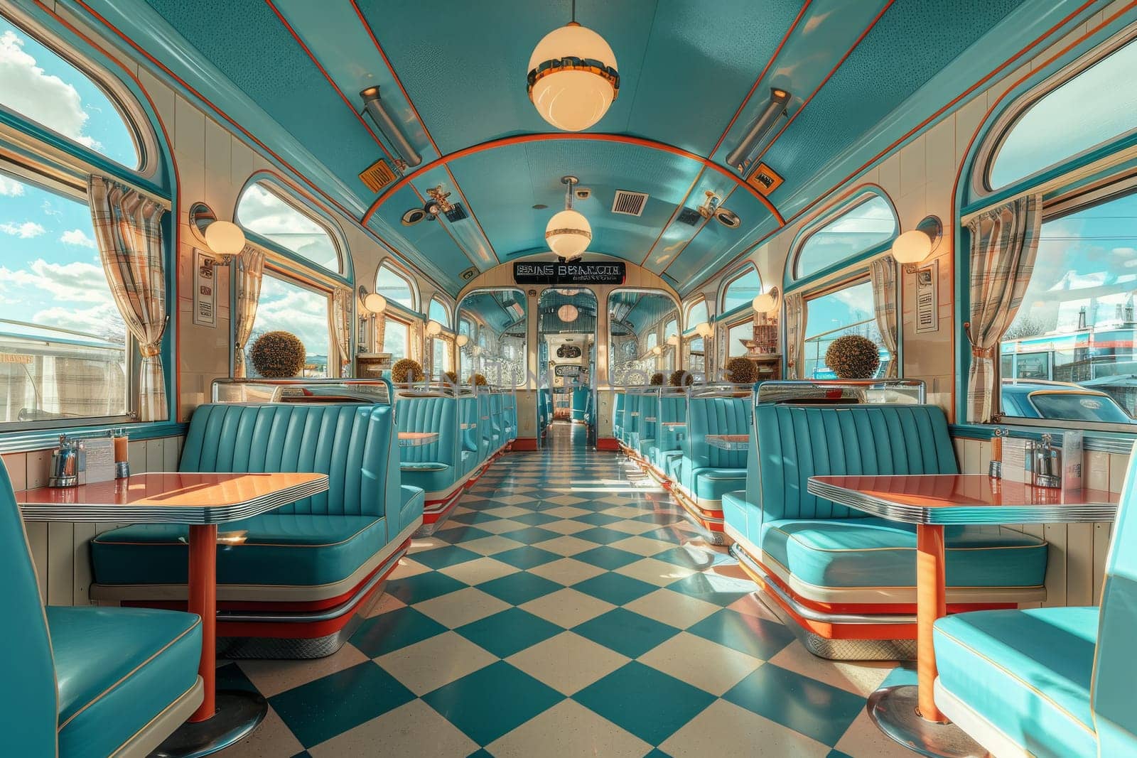 Empty restaurant with a blue booth and a blue table by itchaznong