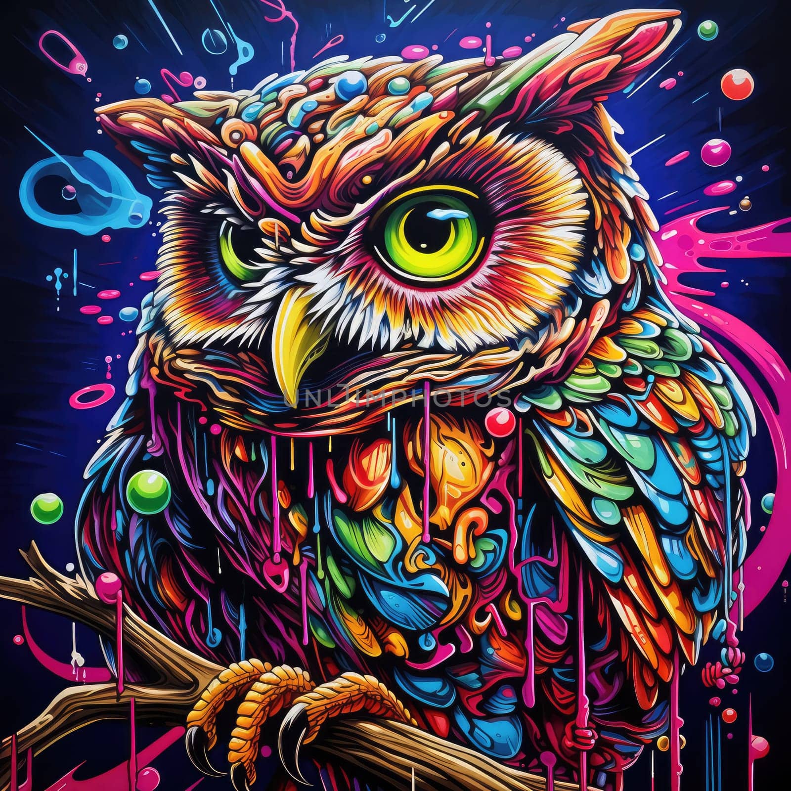 Abstract decorative psychedelic owl portrait. Owl is a symbol of wisdom. Template for poster, logo, t-shirt print, sticker, etc.