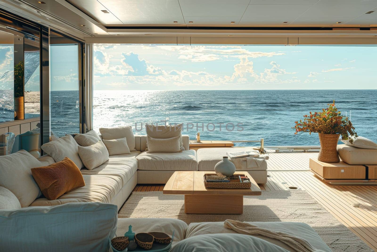 A large open living room with a view of the ocean. The room is filled with white furniture and a vase of flowers. Scene is calm and relaxing, with the ocean view adding to the serene atmosphere