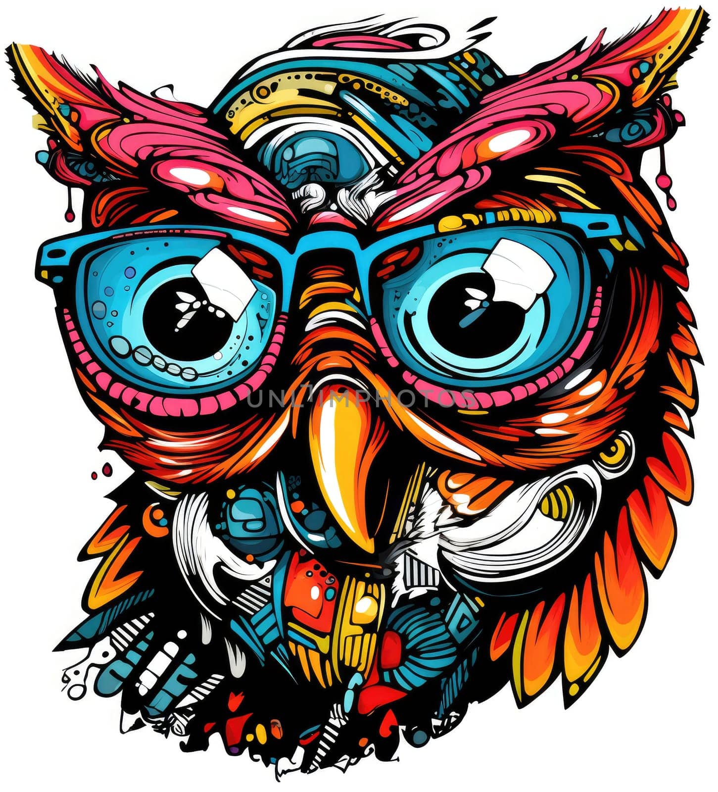 Abstract decorative psychedelic owl portrait. Owl is a symbol of wisdom. Template for poster, logo, t-shirt print, sticker, etc.