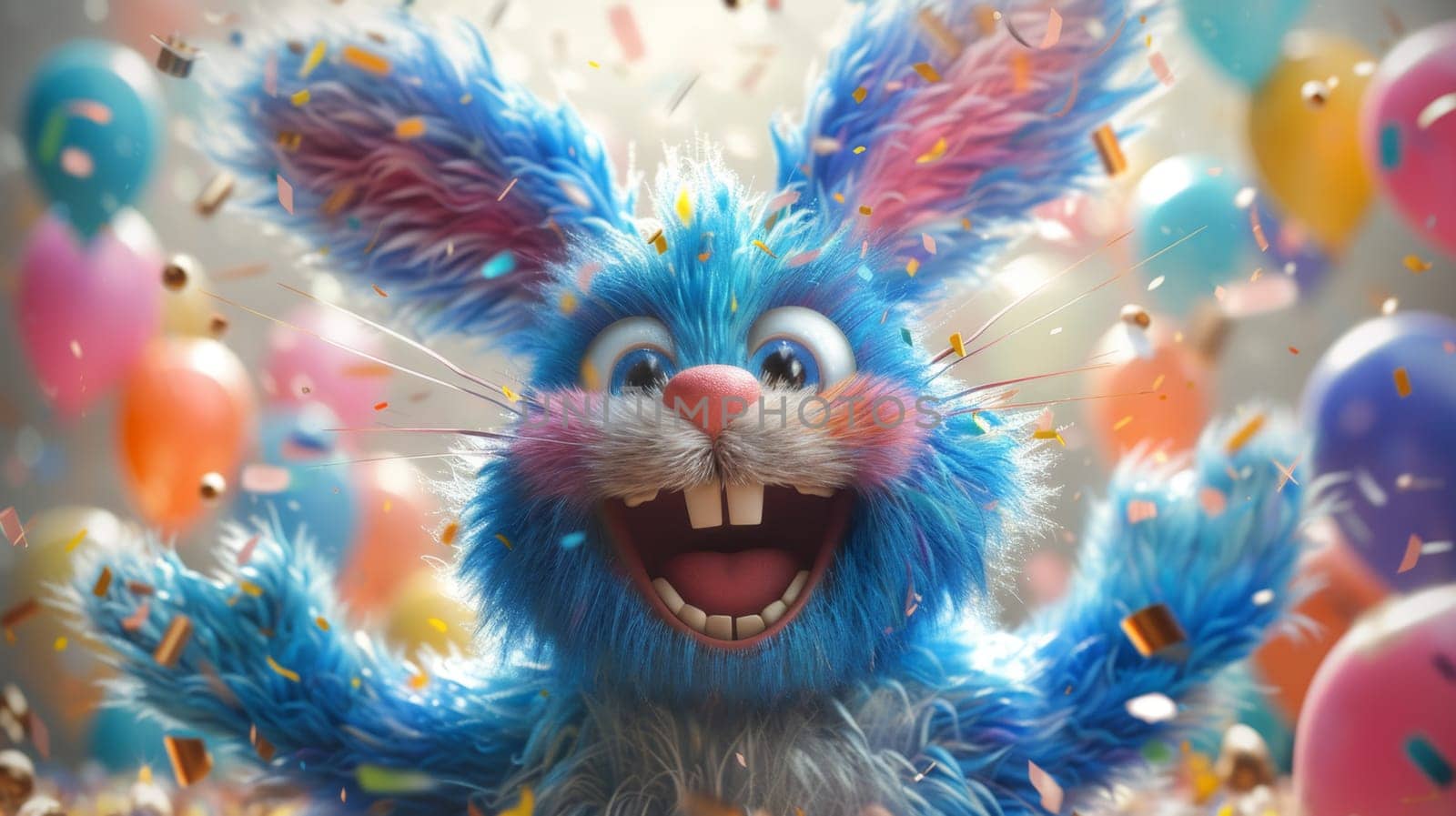 A cheerful cartoon blue hare is having fun on the background of festive balloons. The concept of the holiday. 3d illustration.