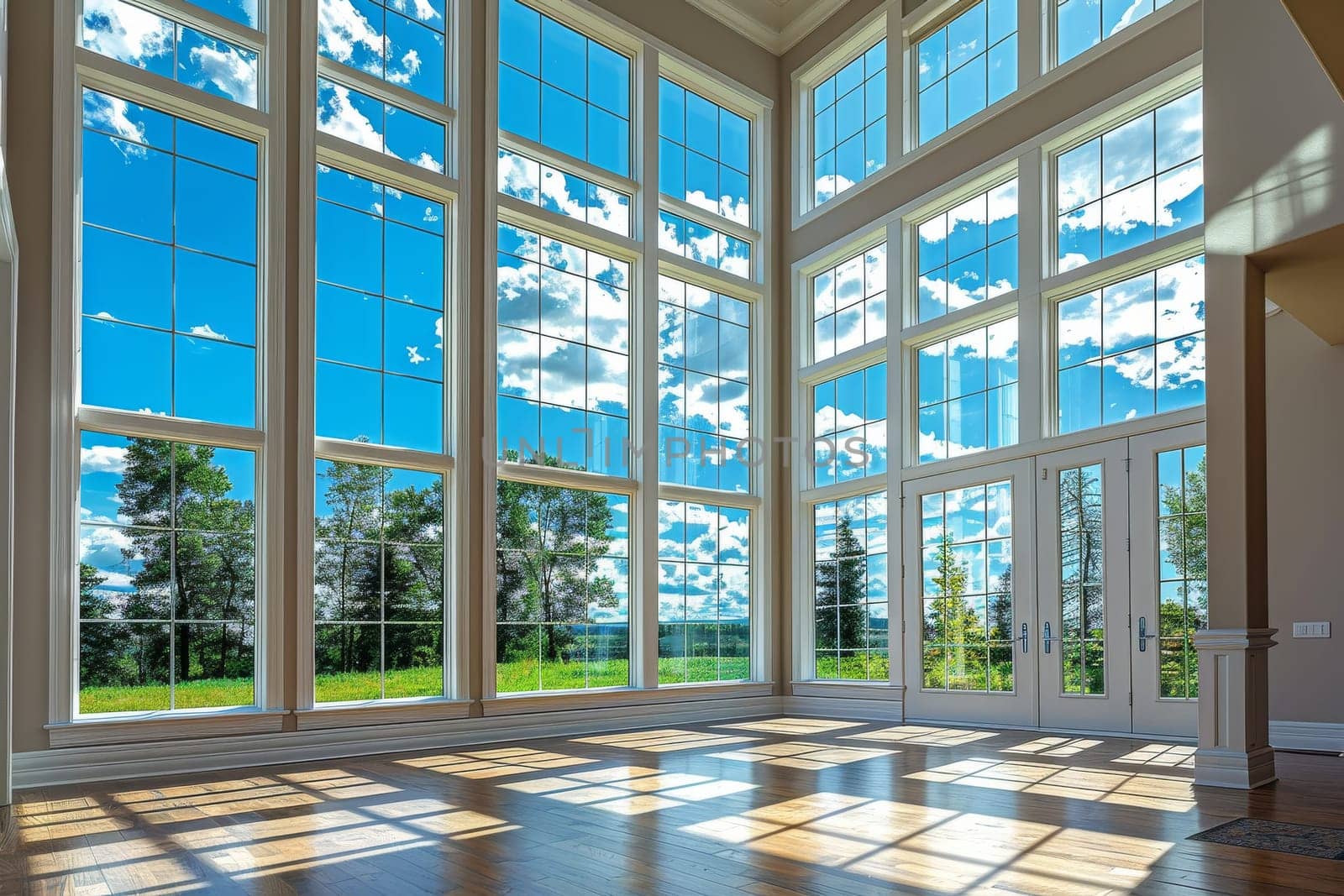 A large open window with a view of a field and a tree. The sunlight is shining through the window, creating a warm and inviting atmosphere