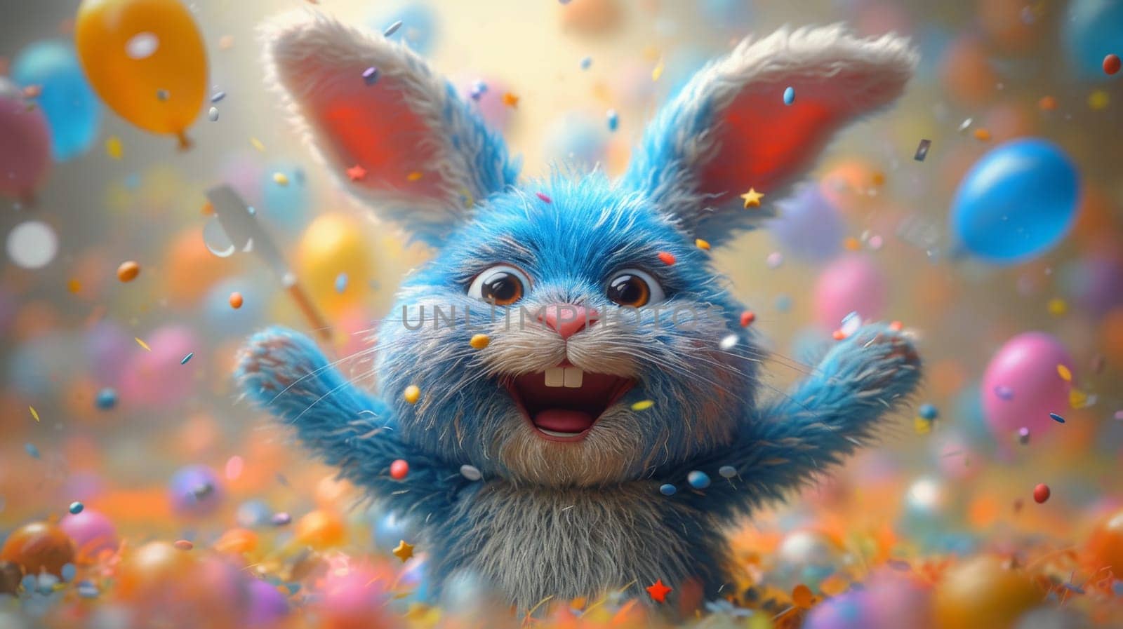 A cheerful cartoon blue hare is having fun on the background of festive balloons. The concept of the holiday. 3d illustration.