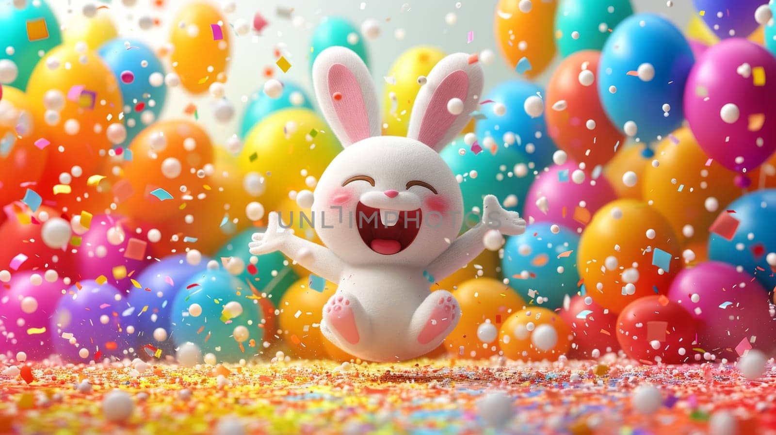 A cheerful cartoon white rabbit is having fun on the background of festive balloons. The concept of the holiday. 3d illustration.