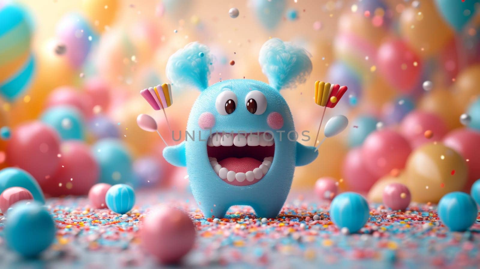 A cheerful cartoon blue hare is having fun on the background of festive balloons. The concept of the holiday. 3d illustration.