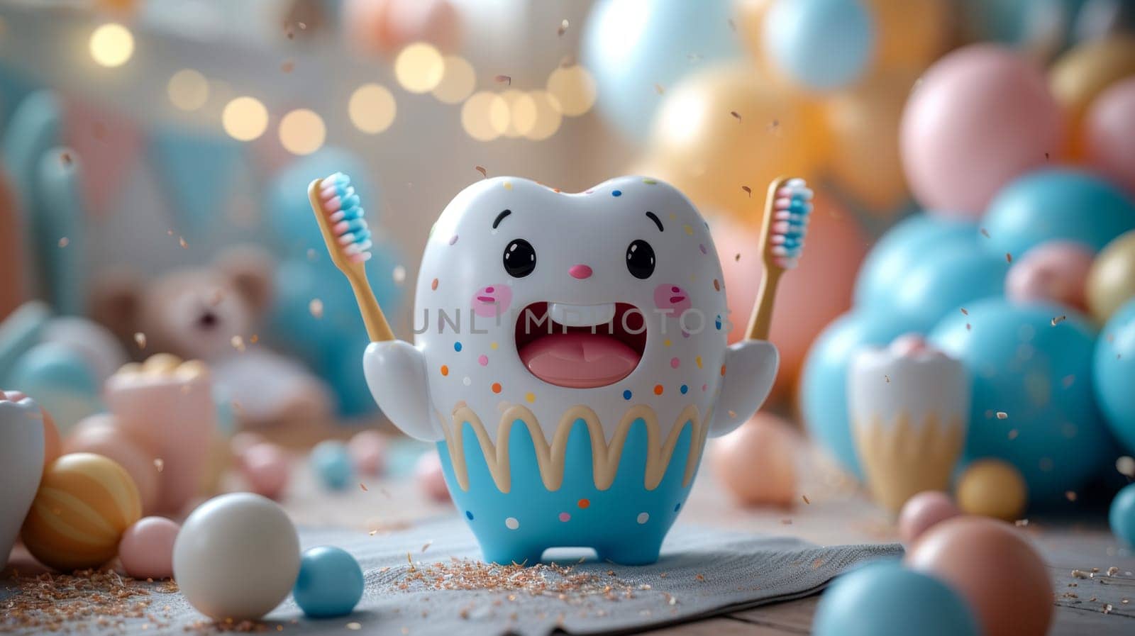 A happy smiling tooth on a festive background with colorful balls is the concept of a clean tooth. 3d illustration by Lobachad