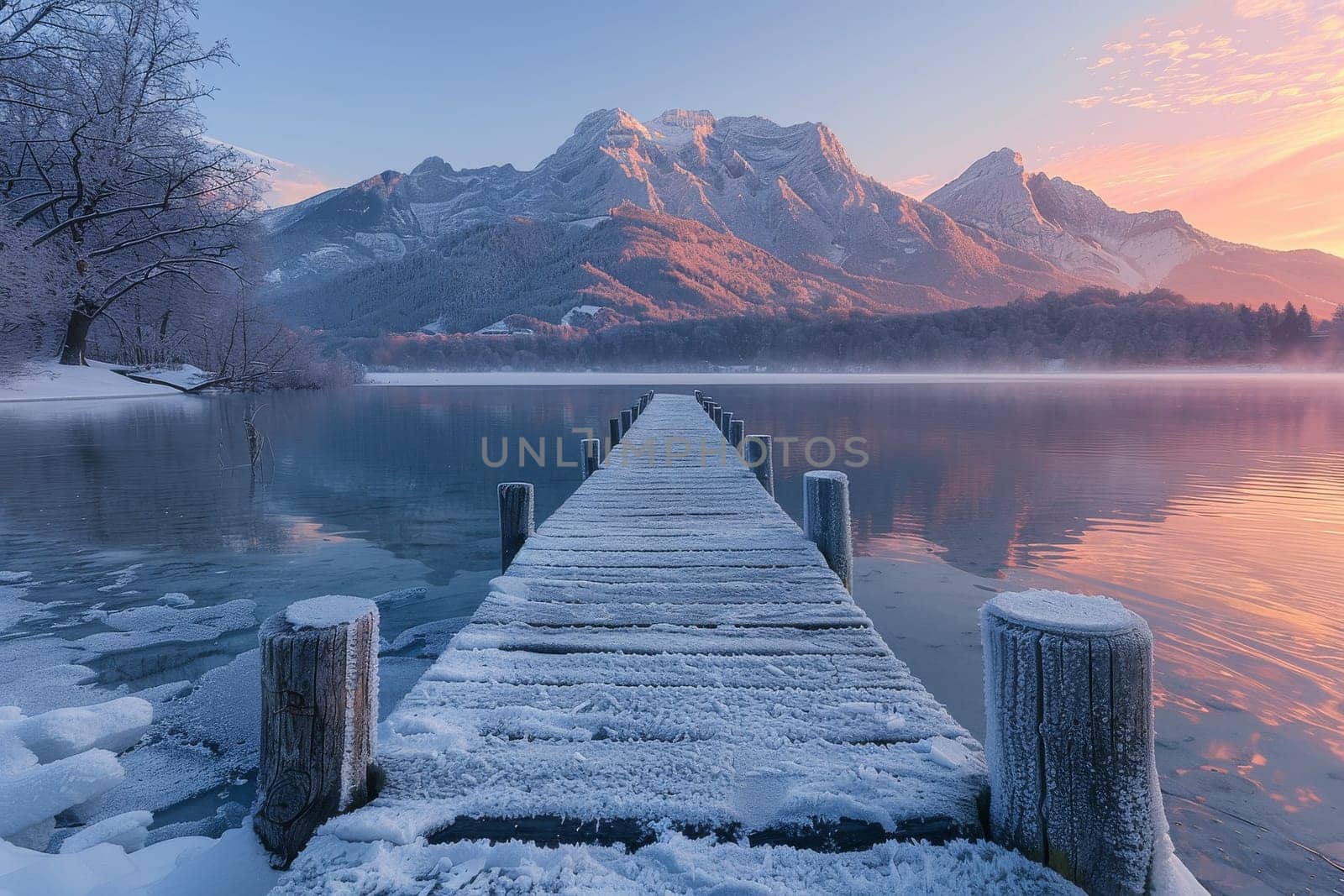 A wooden pier is in the middle of a frozen lake. The pier is surrounded by snow and the water is calm. The sky is a mix of blue and orange, creating a serene and peaceful atmosphere