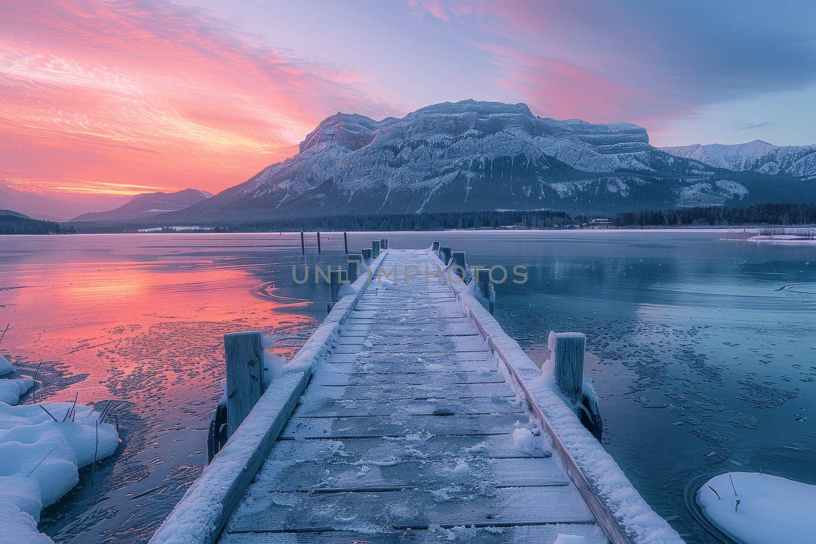 A wooden pier is in front of a mountain range. The water is calm and the sky is pink