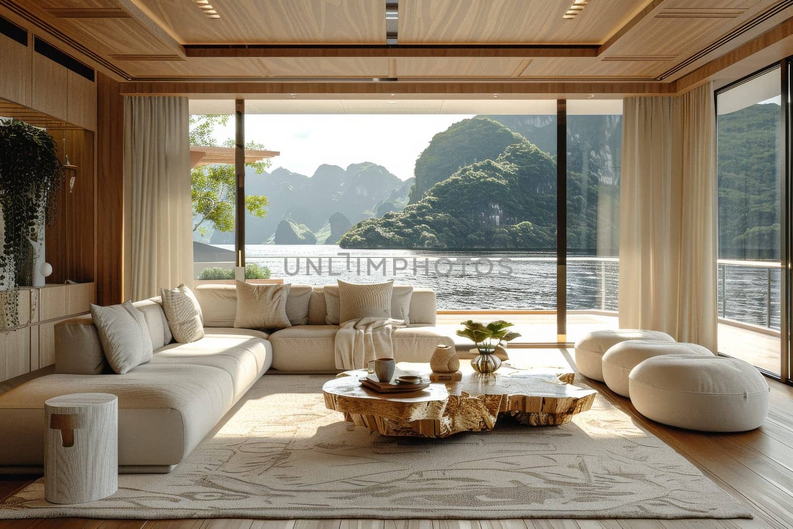 A large living room with a view of the ocean by itchaznong
