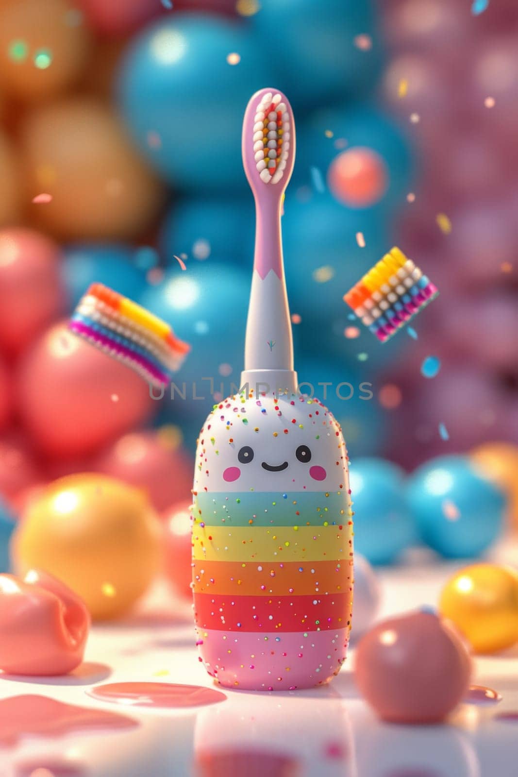 A happy toothbrush on a festive background with colorful balloons. the concept of a clean tooth. 3d illustration by Lobachad