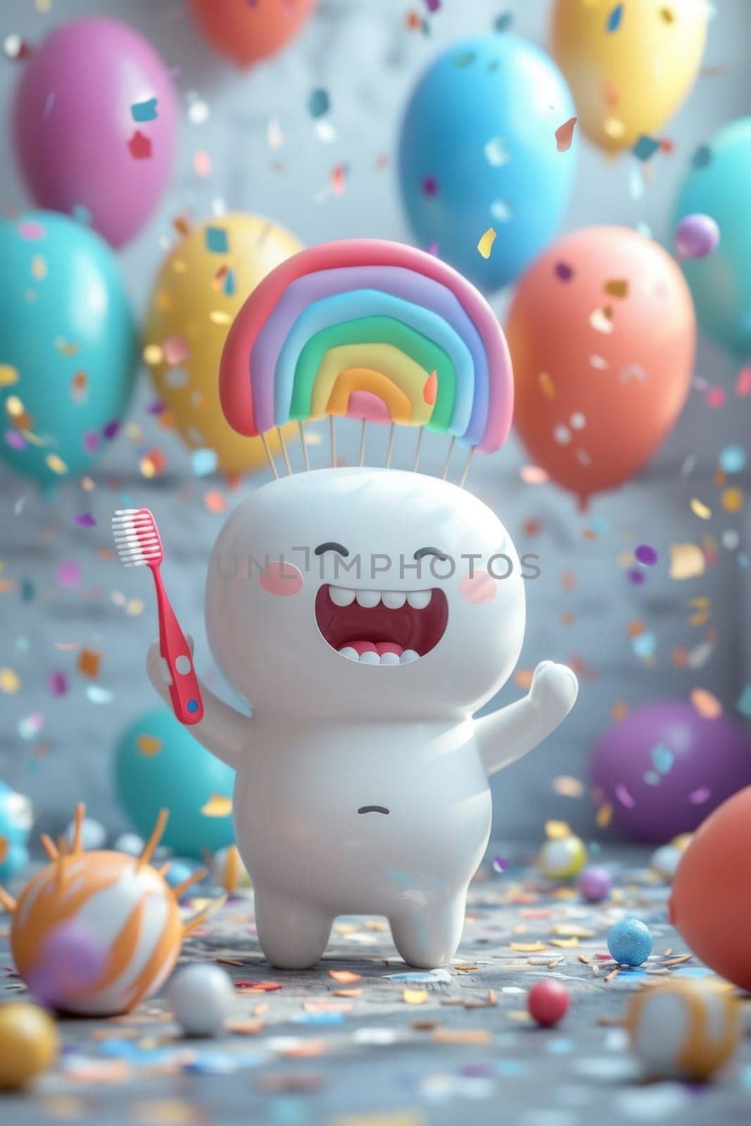 A happy smiling tooth on a festive background with colorful balls. the concept of a clean tooth. 3d illustration.