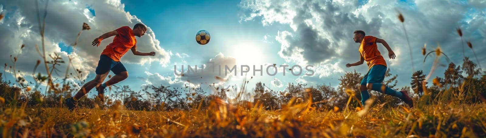 Two soccer players are playing in a field with a soccer ball in the air by itchaznong