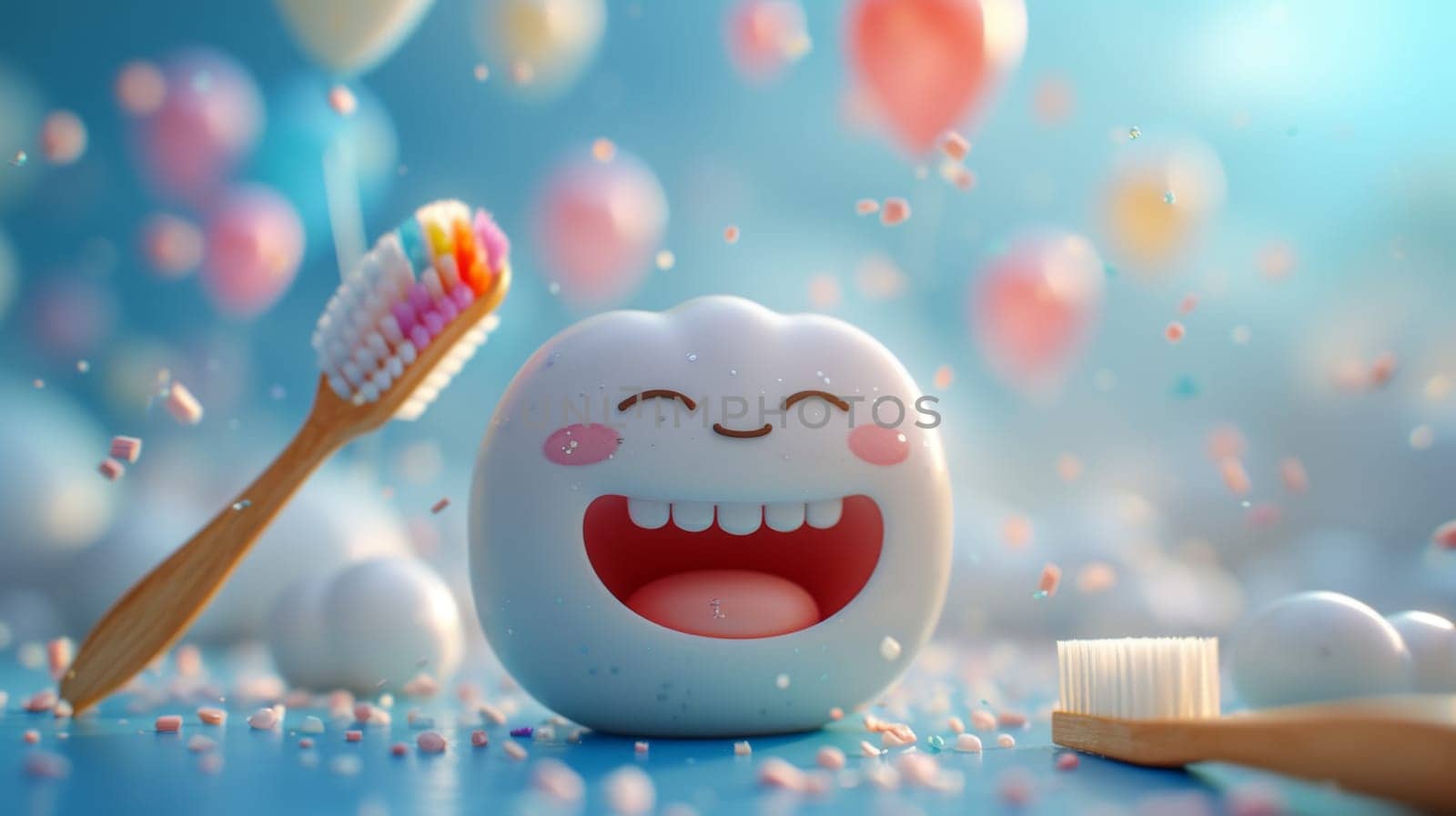 A happy smiling tooth with a toothbrush on a festive background with colorful balls. the concept of a clean tooth. 3d illustration.