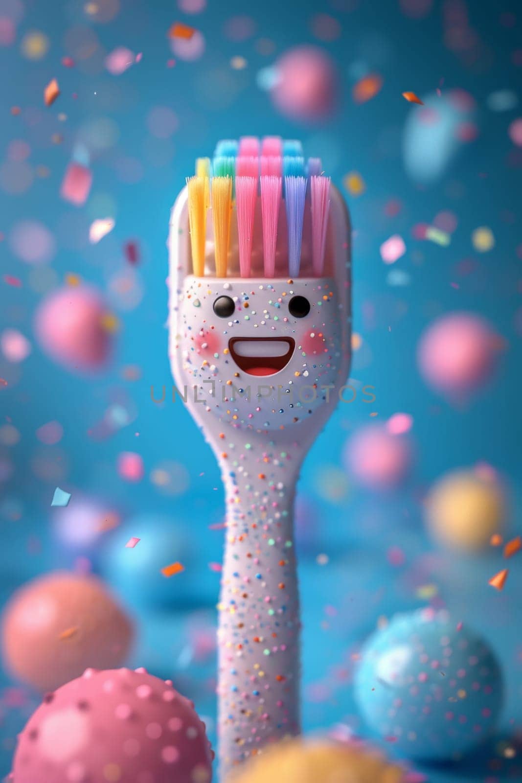 A happy toothbrush on a festive background with colorful balloons. the concept of a clean tooth. 3d illustration by Lobachad