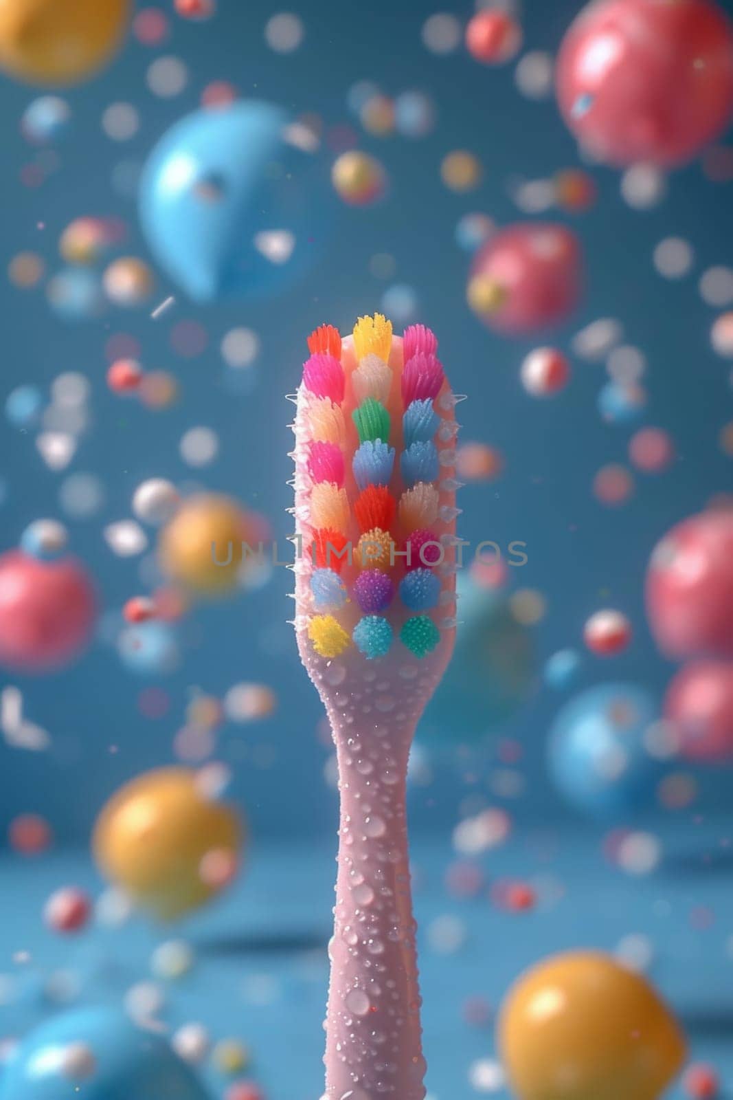 A happy toothbrush on a festive background with colorful balloons. the concept of a clean tooth. 3d illustration by Lobachad