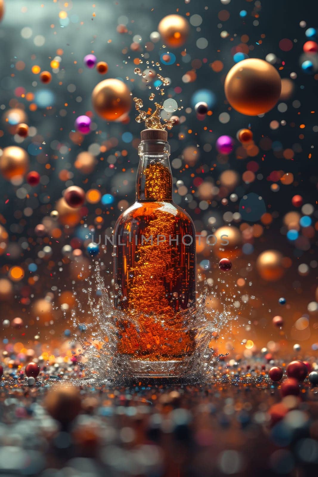 A bottle of whiskey with an empty label on a festive background with balloons and confetti.