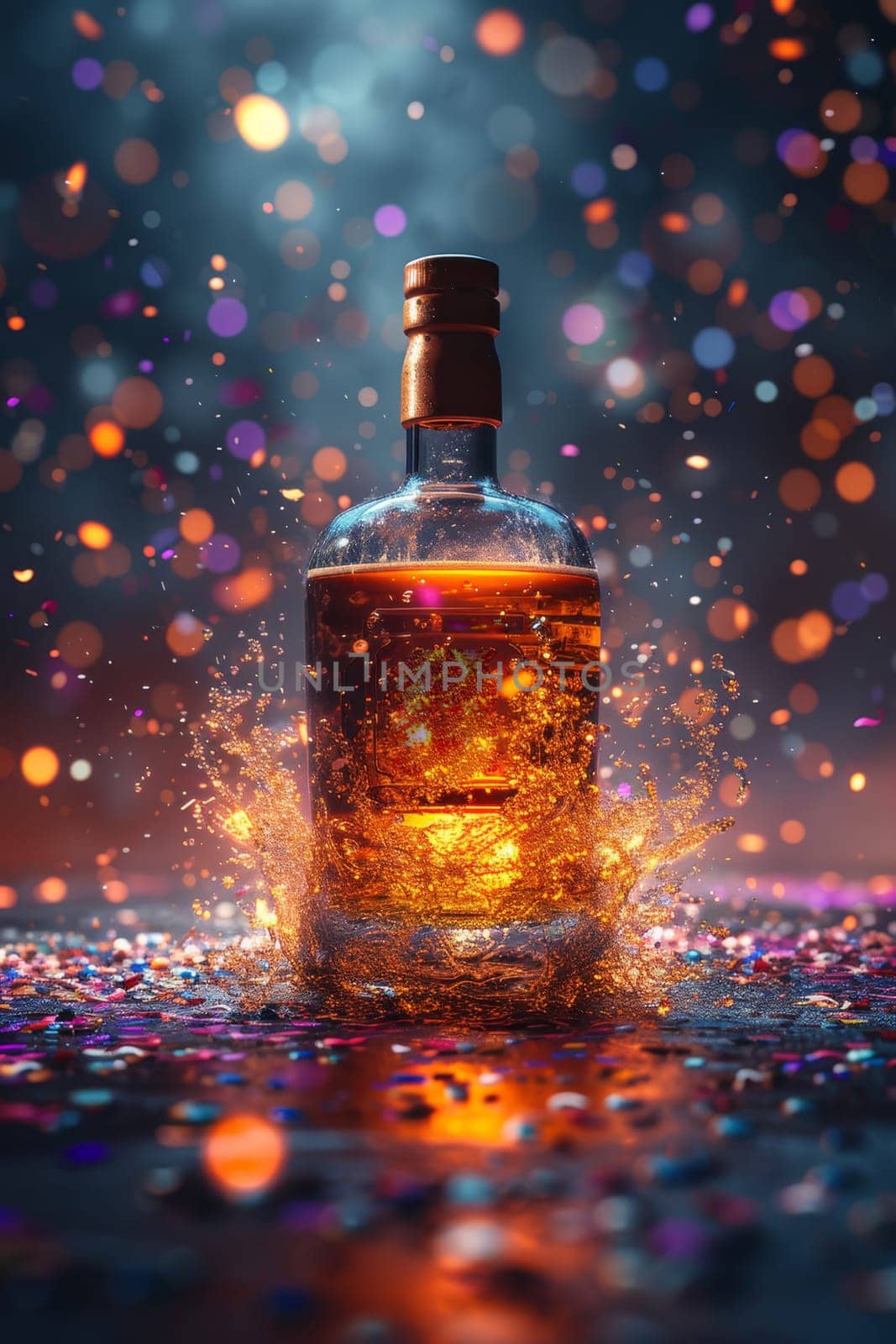 A bottle of whiskey with an empty label on a festive background with balloons and confetti by Lobachad