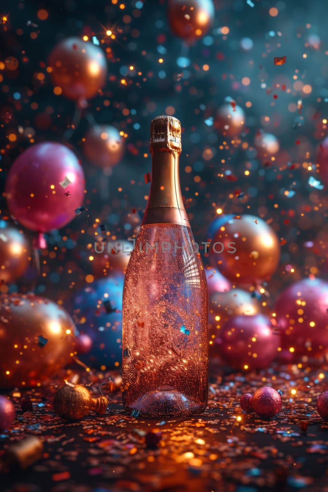 A bottle of champagne with an empty label, on a festive background with balloons.
