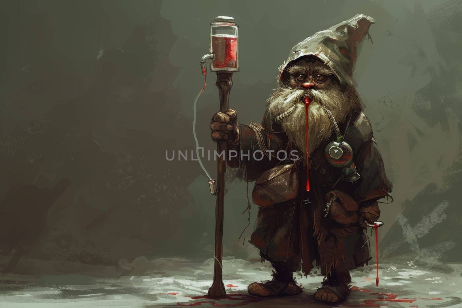 A dwarf wizard with a cane. A fabulous bearded wizard. A fairy dwarf elf with a cane. 3d illustration.