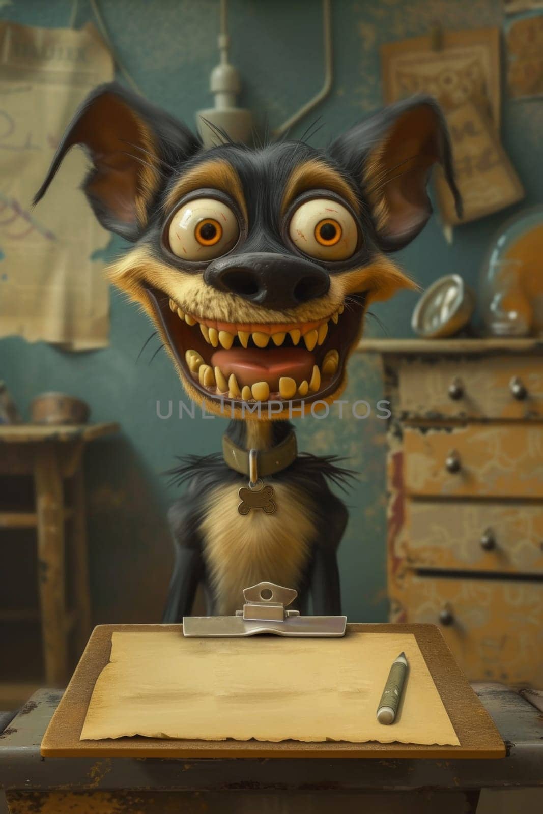 A cartoon character of a funny toothy dog with a piece of paper. 3d illustration.